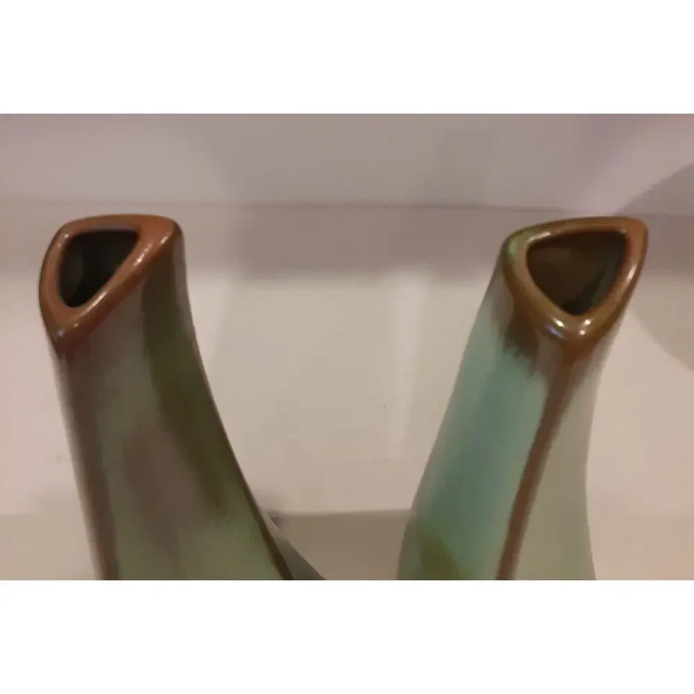 Vintage Frankoma Pottery #41 Triangular Bud Vase X2 Prairie Green NOTE